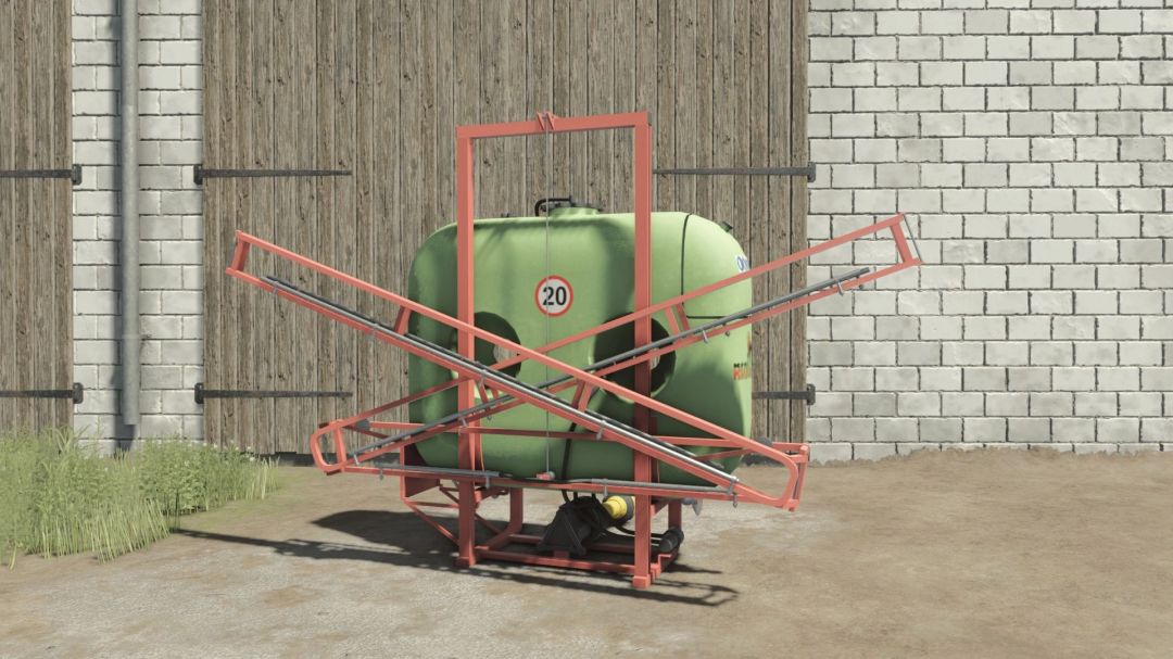 KFMR Krukowiak Optimal 400/12/MIX mod for FS25, showcasing a green sprayer with red frame against a brick wall.