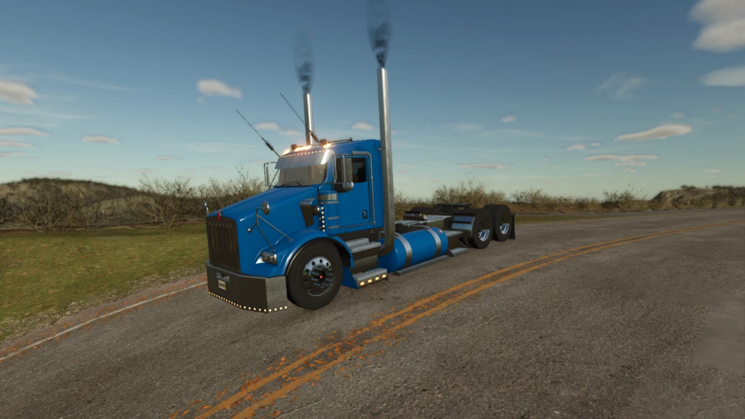 Kenworth T800 Rework v1.2.0.0 mod for FS25, showcasing a blue truck on a rural road.