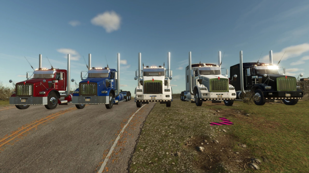 Five Kenworth T800 trucks from FS25 mods parked on a road