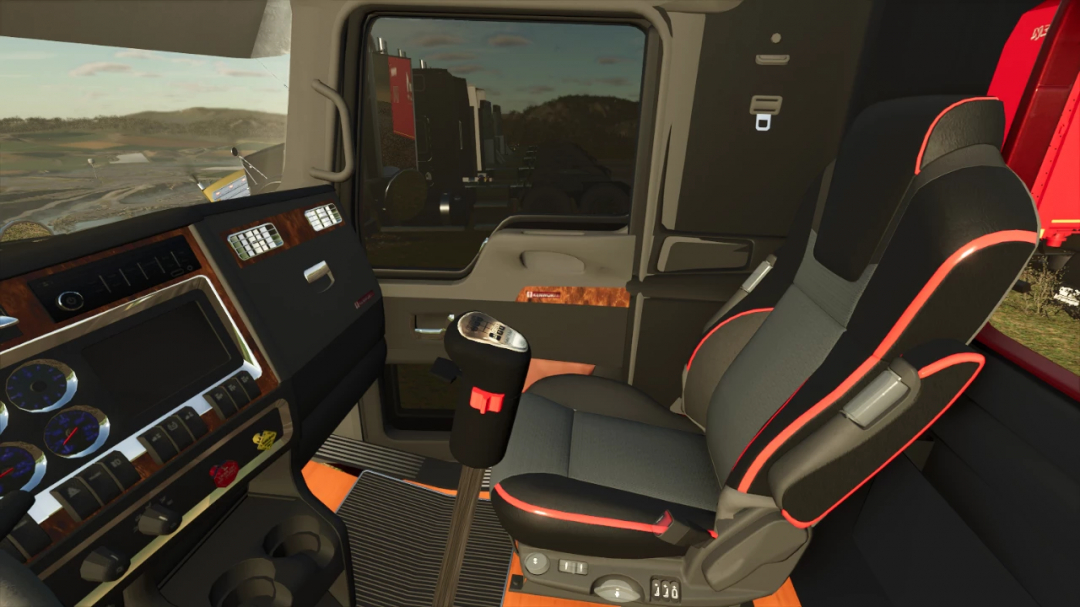 Interior view of Kenworth T800 in FS25 mod, showcasing dashboard and seat details. Farming Simulator 25 mods.