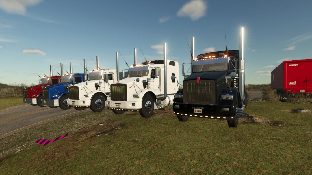 Various Kenworth T800 trucks in different colors, showcased as FS25 mods in Farming Simulator 25.