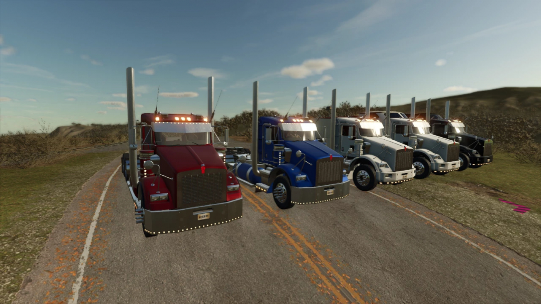 Kenworth T800 trucks in different colors, mod for Farming Simulator 25.