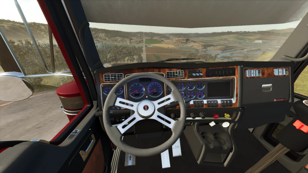 Interior view of Kenworth T800 truck in FS25 mod, featuring dashboard and steering wheel details.