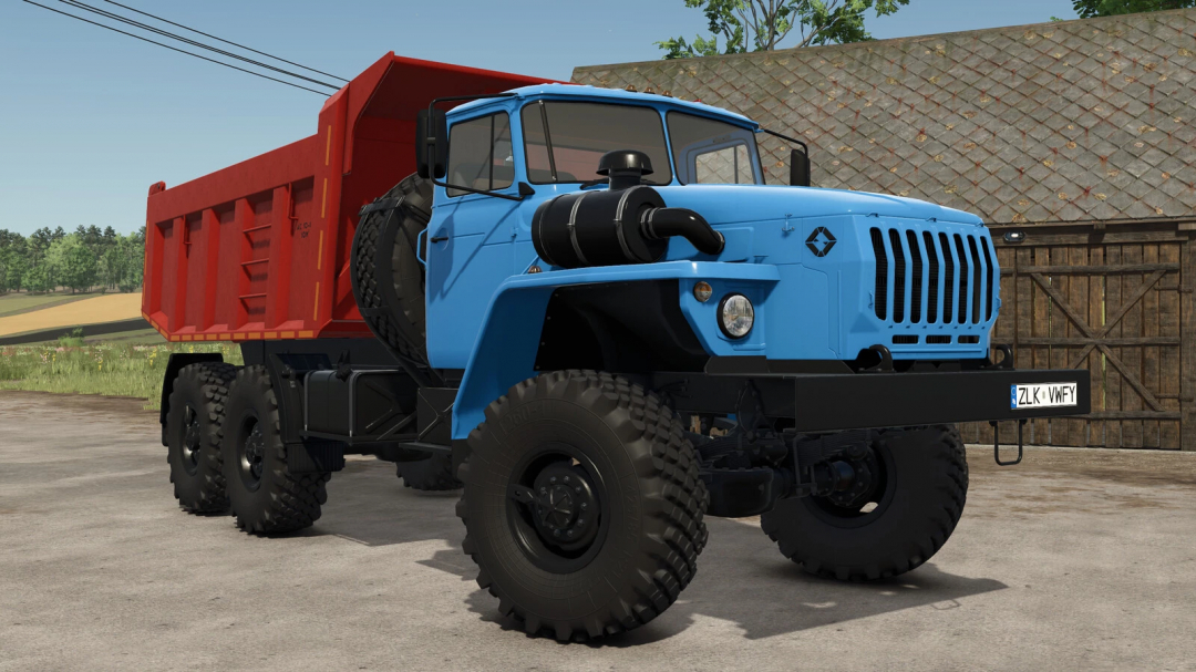 Blue LIZARD 44202/5557 truck mod for FS25 with a red cargo bed, parked on a farm.