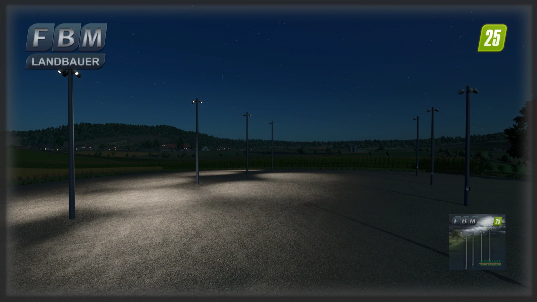 Night scene with LED flood lights illuminating an open area in FS25 mod Led Flood Lights v1.0.0.0.