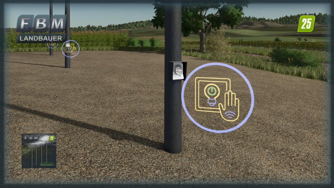 FS25 mods: LED flood lights in Farming Simulator 25 for outdoor areas, featuring control icons on poles.