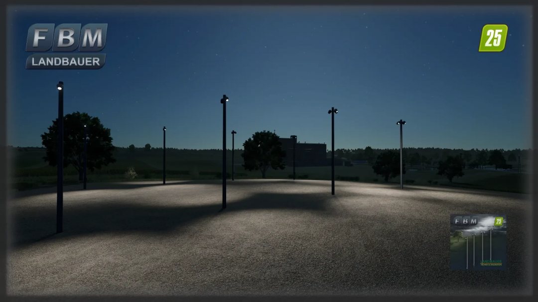 Night scene with LED flood lights in Farming Simulator 25 mod by Landbauer. Lights illuminate gravel area; trees and buildings silhouetted in distance.