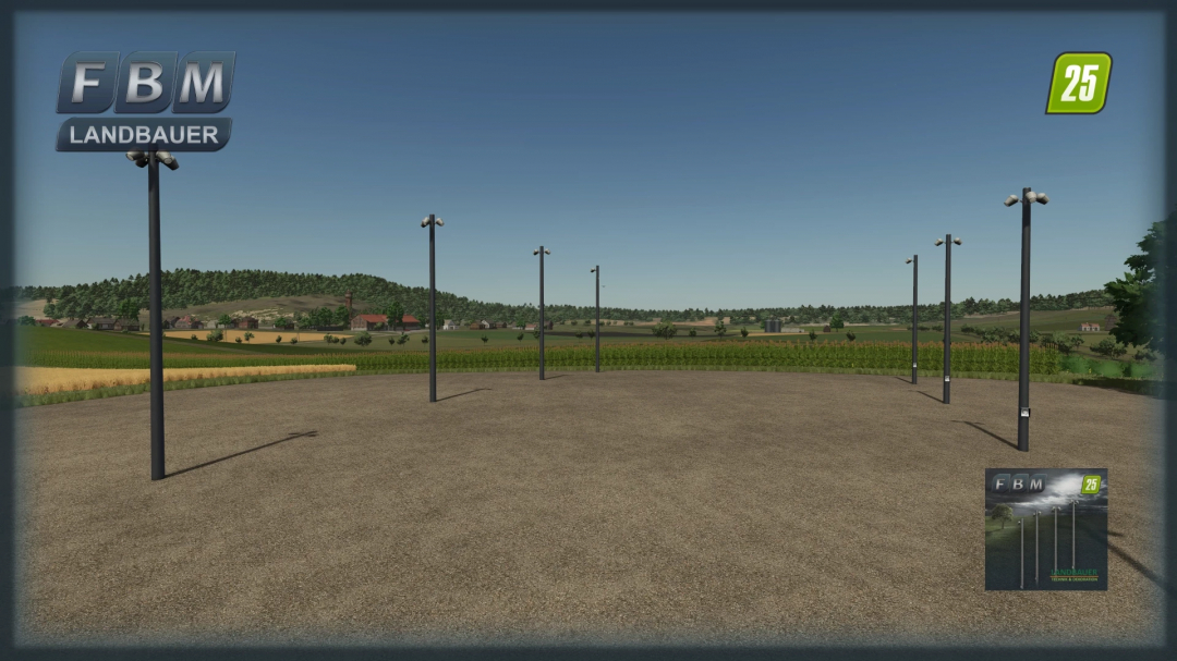 LED flood lights mod in FS25 featuring poles arranged in a field, enhancing visibility in Farming Simulator 25.