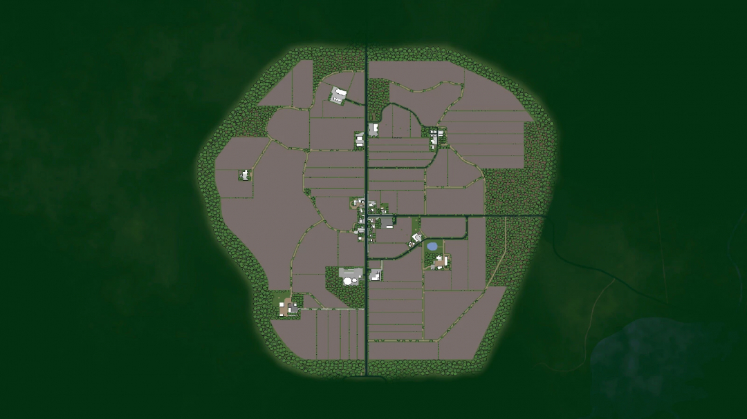 Lipinki Map v1.0.0.0 for FS25 mods shows an aerial view of a farming area with fields, roads, and buildings surrounded by trees.