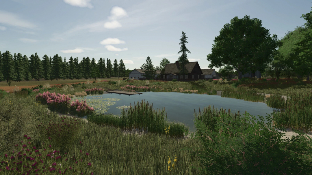 Scenic landscape from FS25 Lipinki Map mod featuring a pond, lush vegetation, and rustic buildings.