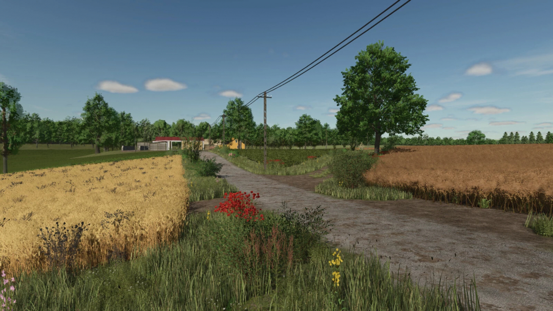 Scenic view of Lipinki Map in FS25, showcasing fields, trees, and a rural path, part of Farming Simulator 25 mods.