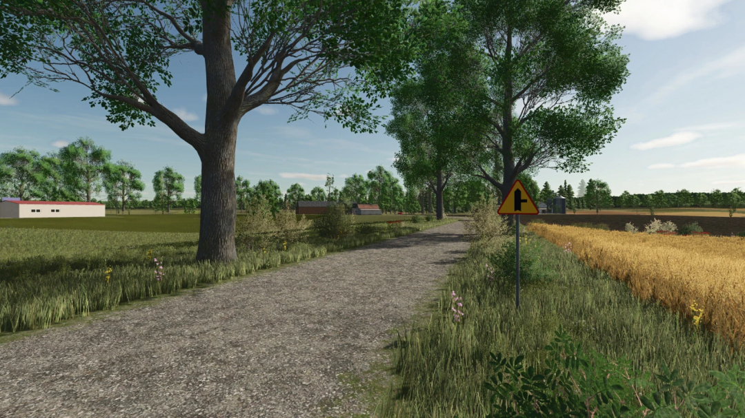 Scenic rural road in FS25 Lipinki Map mod, surrounded by trees and fields. Farming Simulator 25 mods feature detailed landscapes.