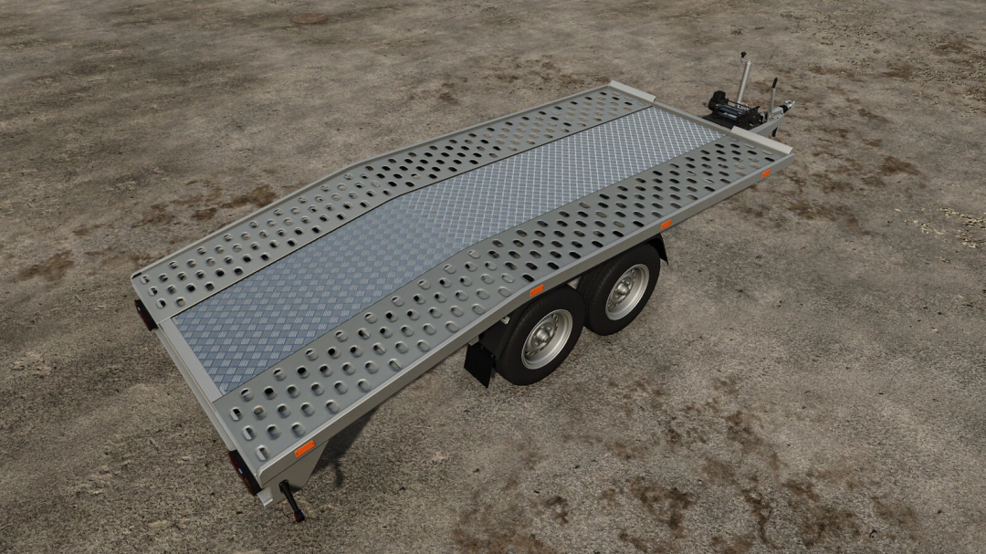 Lizard Car Tow Trailer mod for FS25, showcasing a gray, heavy-duty trailer on a concrete surface.