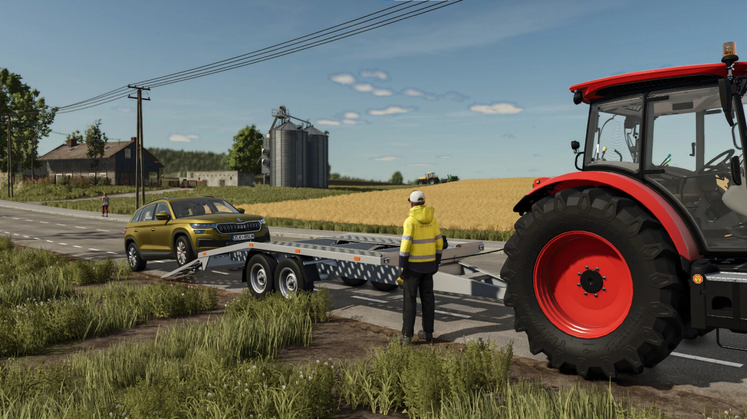 FS25 mod showing a red tractor and a worker attaching a yellow car to the Lizard Car Tow Trailer in a rural setting.