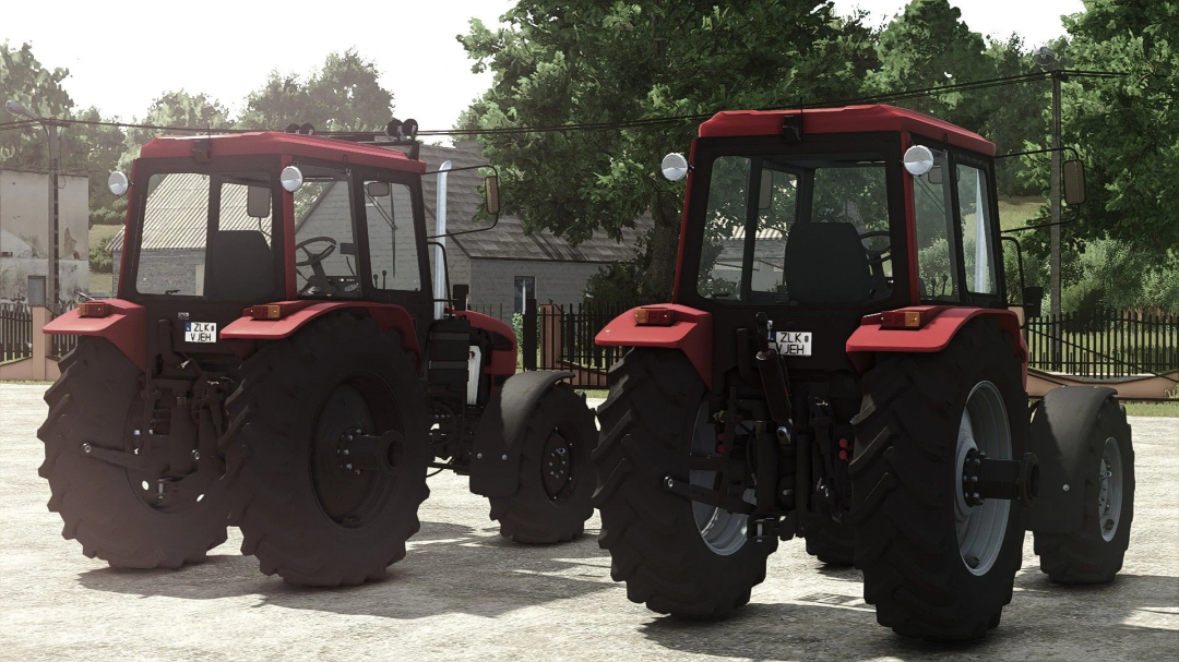 Two MTZ 1025.3 tractors mod for FS25, showcasing rear and side views, on a farm setting with trees and a building in the background.