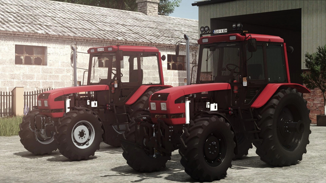 FS25 mod MTZ 1025.3 v1.0.0.0 shows two red tractors parked near a farm building.