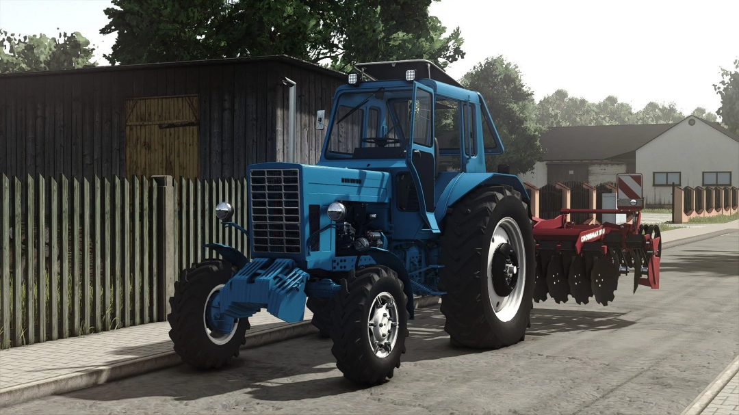 Blue MTZ 82 tractor mod for Farming Simulator 25 with plow attachment, parked on a rural road.