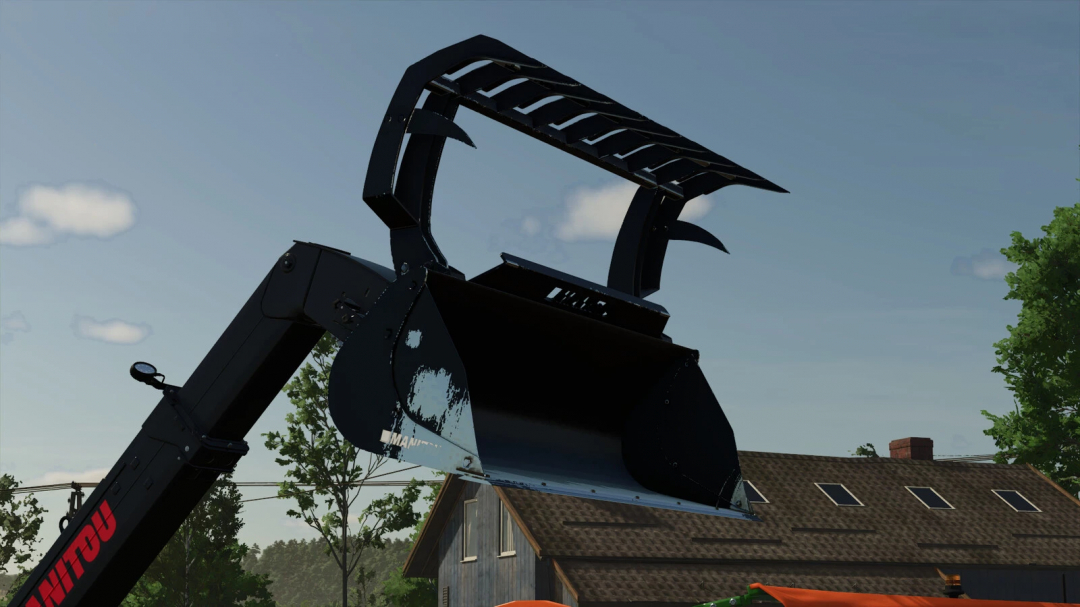 Manitou CBG 2450 MS mod for FS25 showing a grapple bucket attachment against a clear sky.