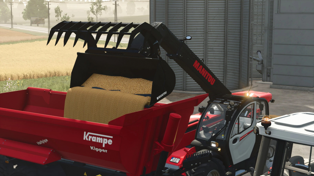 FS25 mod Manitou CBG 2450 MS v1.0.0.0 lifts grain into Krampe Kipper trailer in Farming Simulator 25.