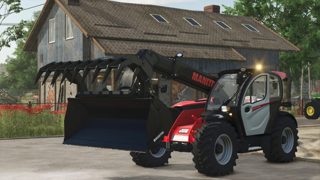 FS25 mod image of Manitou CBG 2450 MS v1.0.0.0 with a grapple loader next to a barn.