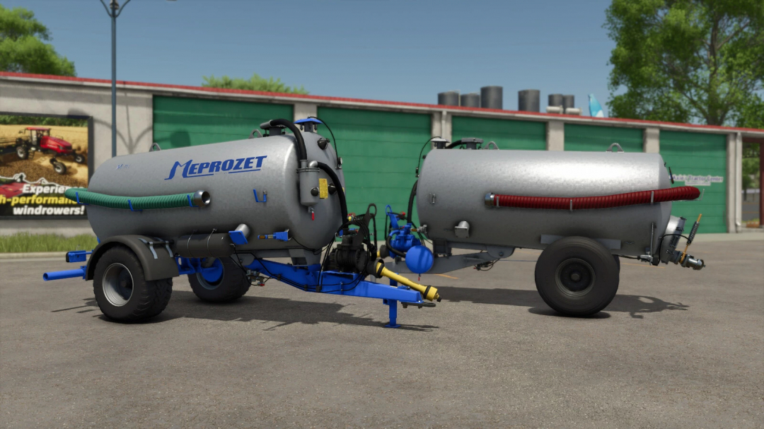 Meprozet PN-50 v1.0.0.0 mod for Farming Simulator 25, showcasing two metallic farm trailers with blue and black attachments.