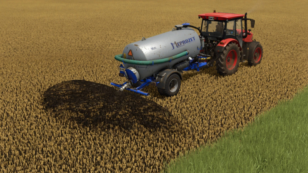 Meprozet PN-50 trailer in FS25 mod spreading slurry on a field.