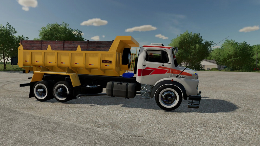 Mercedes-Benz 1111 truck mod in Farming Simulator 25, featuring a yellow dump bed, parked on gravel.