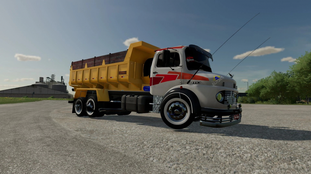 Mercedes-Benz 1111 truck in FS25 mod with a yellow dump trailer on a farm road.