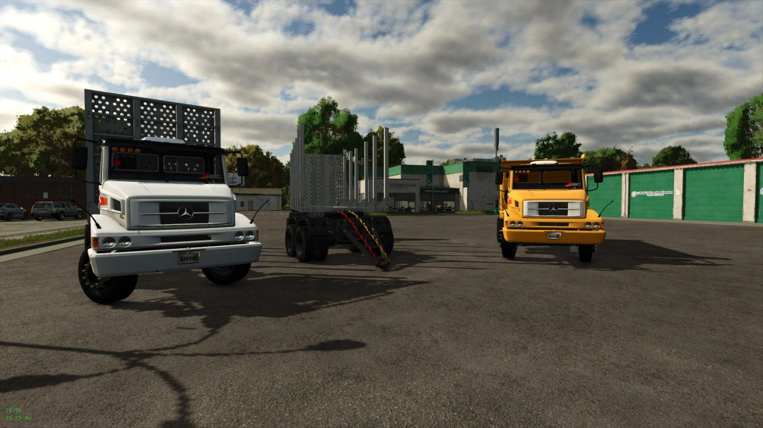 FS25 mod Mercedes 2638 v1.0.0.0 showcasing two trucks in a parking lot with clear skies.