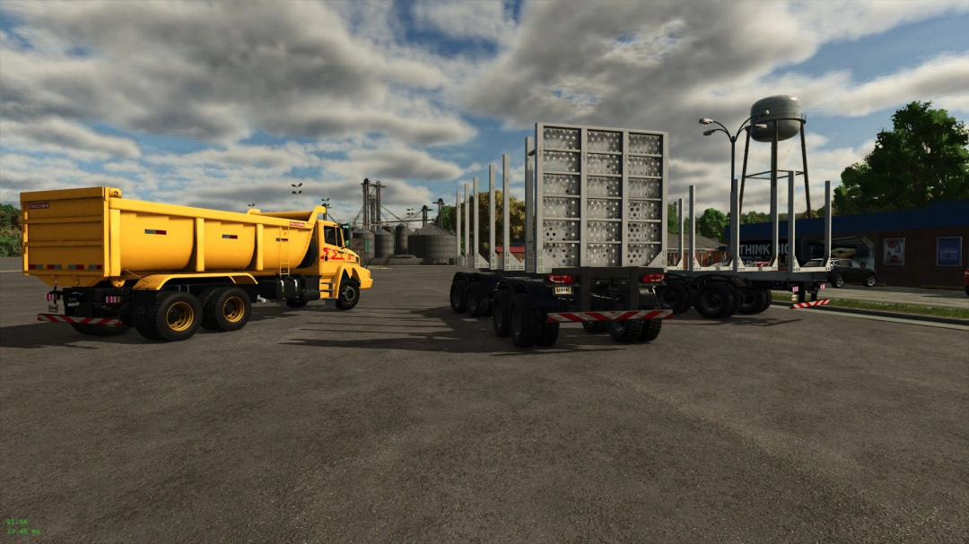 Mercedes 2638 truck and trailer mod in FS25, parked at a grain facility in Farming Simulator 25.