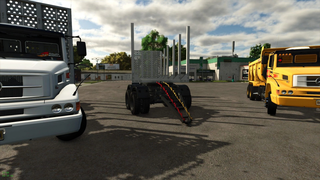 FS25 mod Mercedes 2638 v1.0.0.0 with white and yellow trucks in a parking lot.