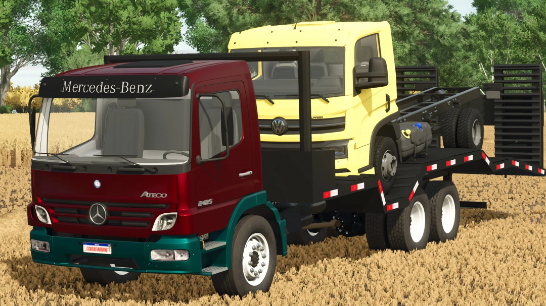 FS25 mod Mercedes Benz Atego 2425 truck transporting vehicle on flatbed in a field.