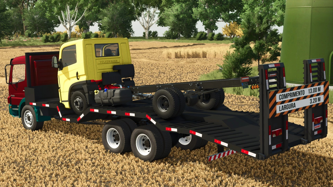 FS25 mod, Mercedes Benz Atego 2425 truck with trailer carrying yellow cab part, in a field.