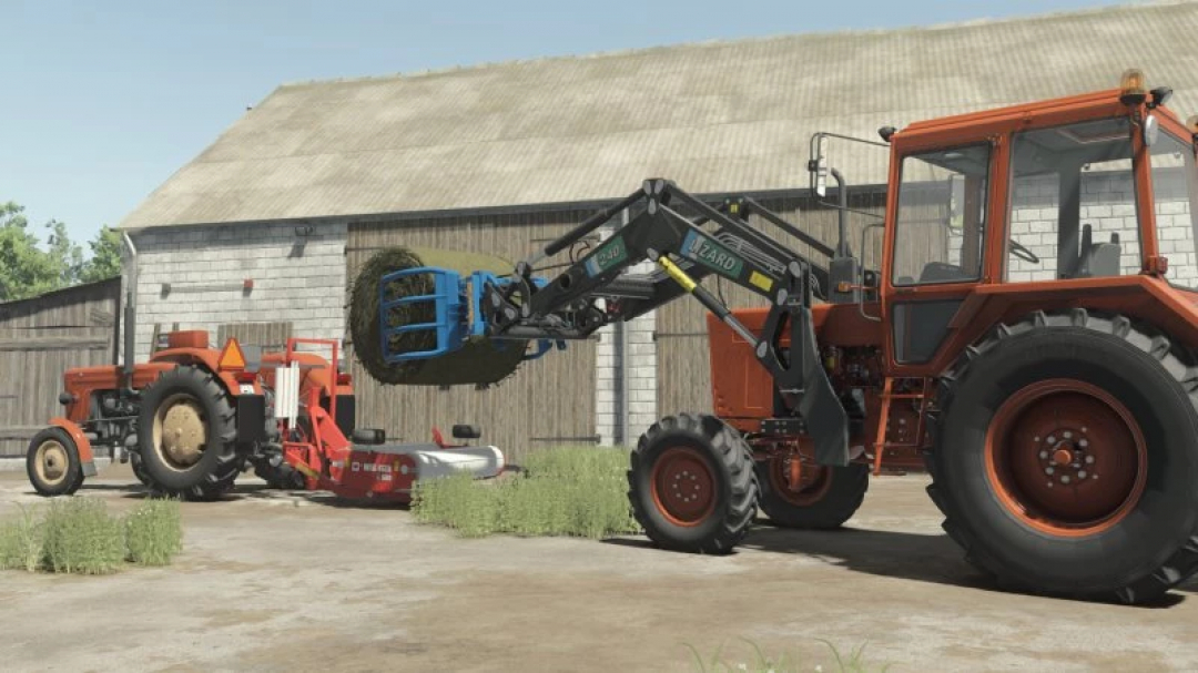 FS25 mod featuring Metal-Fach Z560 v1.0.0.0 with tractors and front loader on a farm.