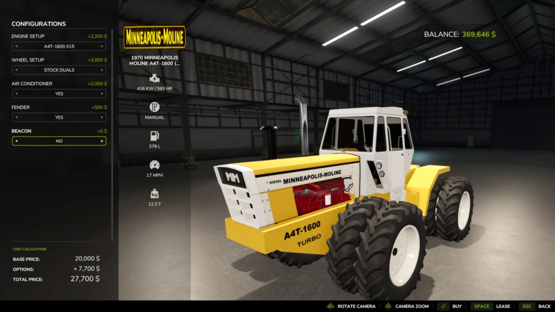 FS25 mod image showing the Minneapolis Moline A4T-1600 tractor in a virtual garage setting.