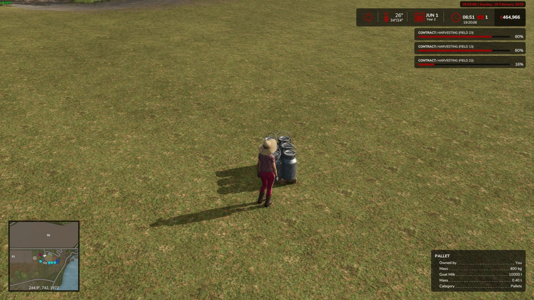 FS25 mod screenshot showing a player character near milk cans on a pallet on a field, showcasing the More Pallets Capacity v1.0.0.0 mod.