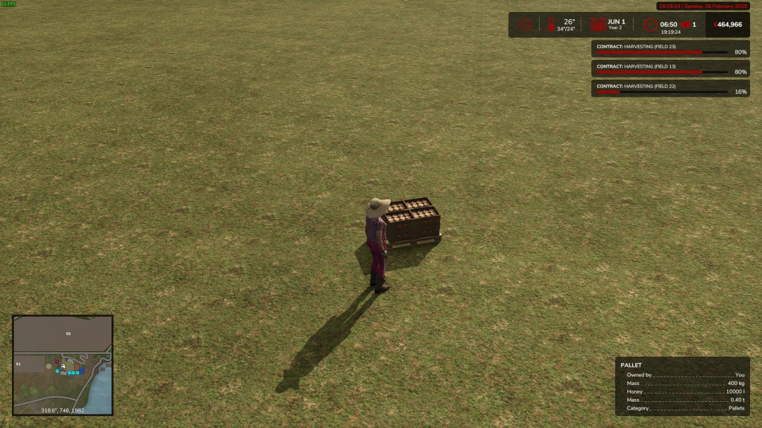 FS25 mod More Pallets Capacity v1.0.0.0 showing a farmer next to a pallet of honey on a field.