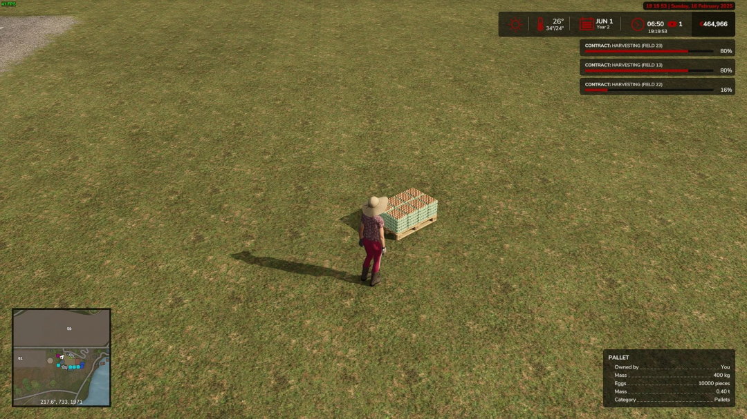 FS25 mod More Pallets Capacity v1.0.0.0 showing large egg pallet with character standing on grass field.