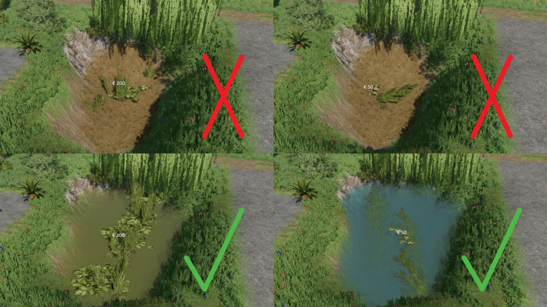 FS25 mod Natural Waterplants v1.0.0.0: Comparison of dry and water-filled areas with plant details.