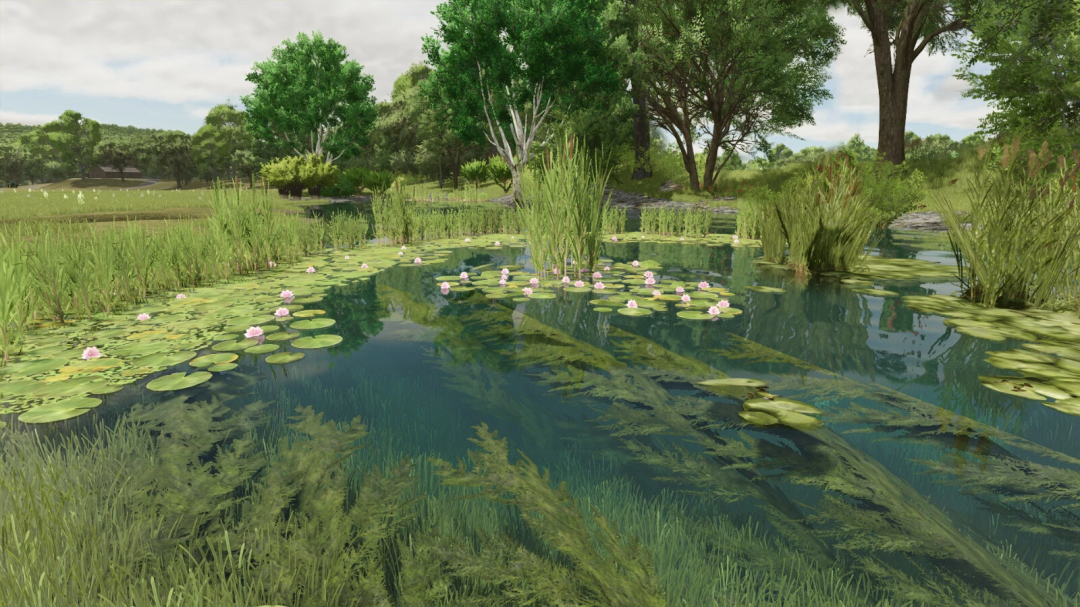 FS25 mod Natural Waterplants v1.0.0.0 adds realistic aquatic plants to a serene pond, enhancing Farming Simulator 25's environment.