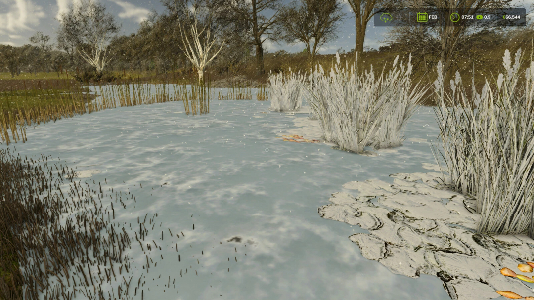 FS25 mod Natural Waterplants v1.0.0.0 showcasing a frozen lake with reeds and snowy trees in Farming Simulator 25.