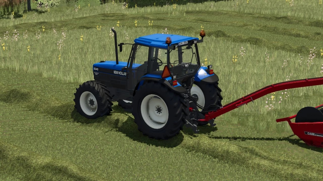 New Holland 8340 tractor mod in FS25 on a grassy farm field.