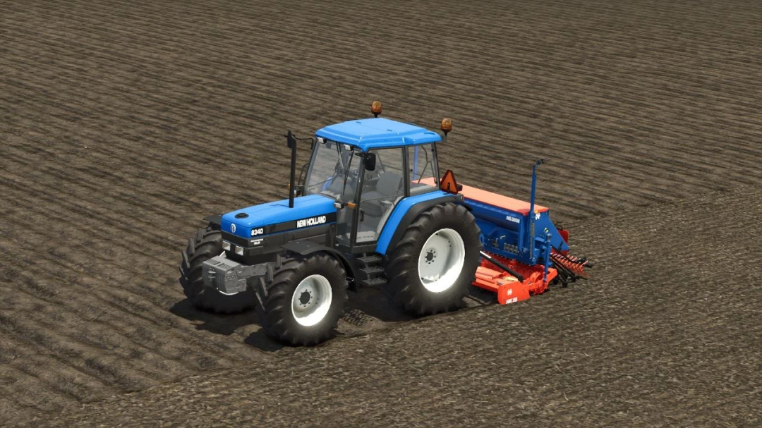 New Holland 8340 tractor in FS25 mod version 2.0.0.0 plowing a field.