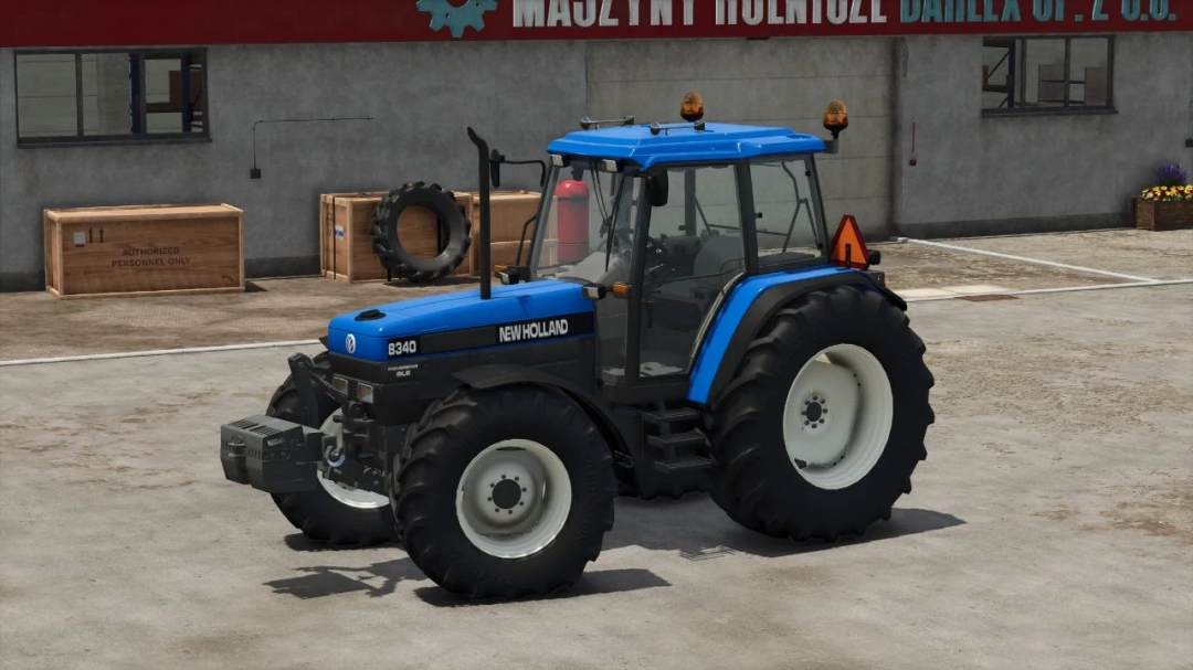 New Holland 8340 tractor in FS25 mod, New Holland 8340 v2.0.0.0, parked in a lot.