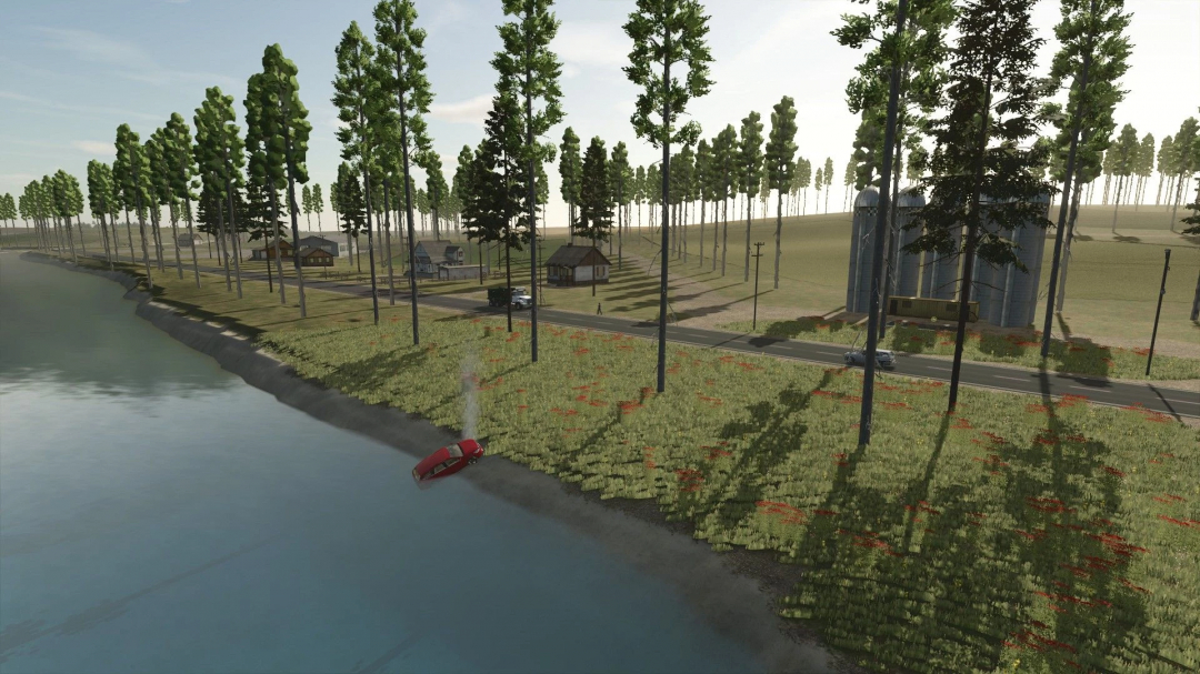 Old Kiwi Farm mod for FS25 with scenic riverbank, tall trees, and rustic buildings.