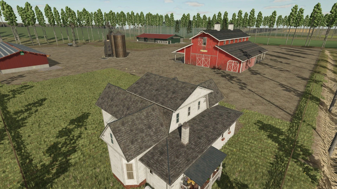 Old Kiwi Farm mod in FS25 features a classic red barn and silo surrounded by trees.