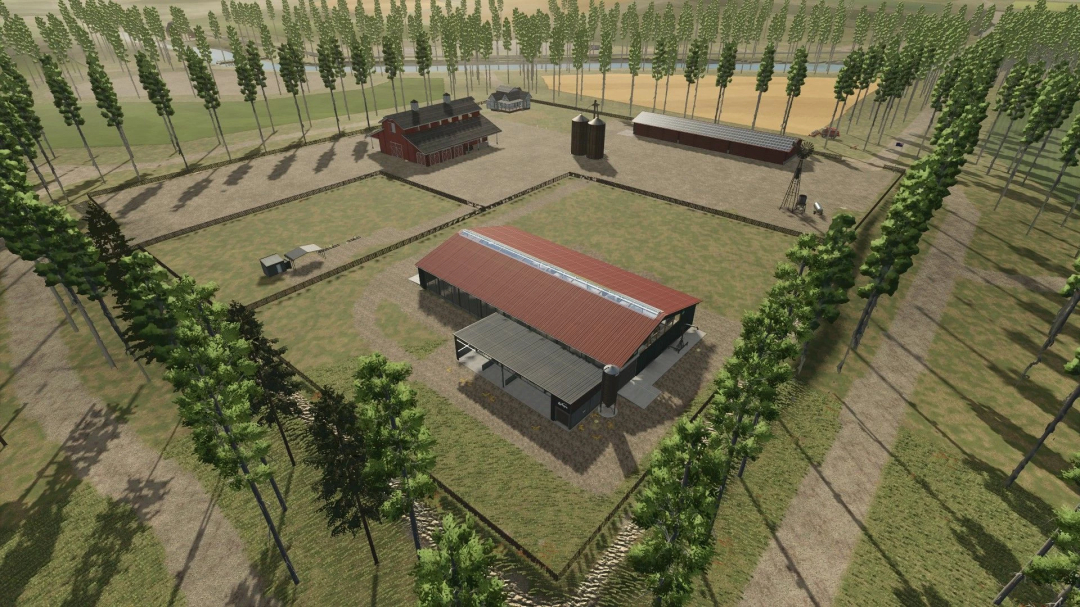 Aerial view of Old Kiwi Farm mod in Farming Simulator 25, featuring barns and silos surrounded by tall trees. FS25 mods.