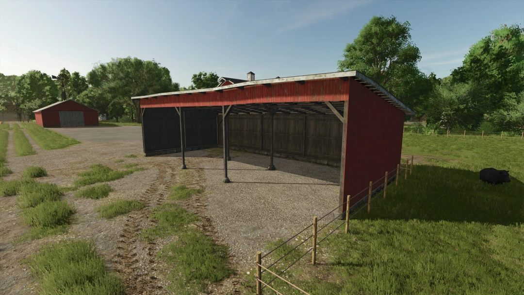 Old Red Sheds Pack v1.0.1.0 mod for Farming Simulator 25, featuring rustic red storage sheds in a lush farm setting. FS25 mods.