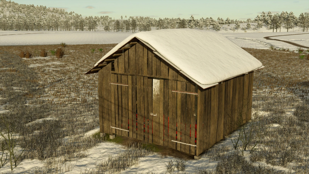 Old wooden shed with snow-covered roof in FS25 mod, Old Shed v1.0.0.0, set in a winter landscape.