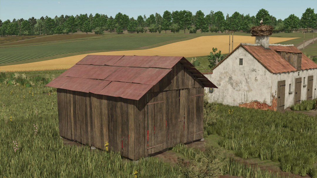 Old Shed mod for FS25, featuring a rustic wooden barn in a lush landscape, part of Farming Simulator 25 mods.